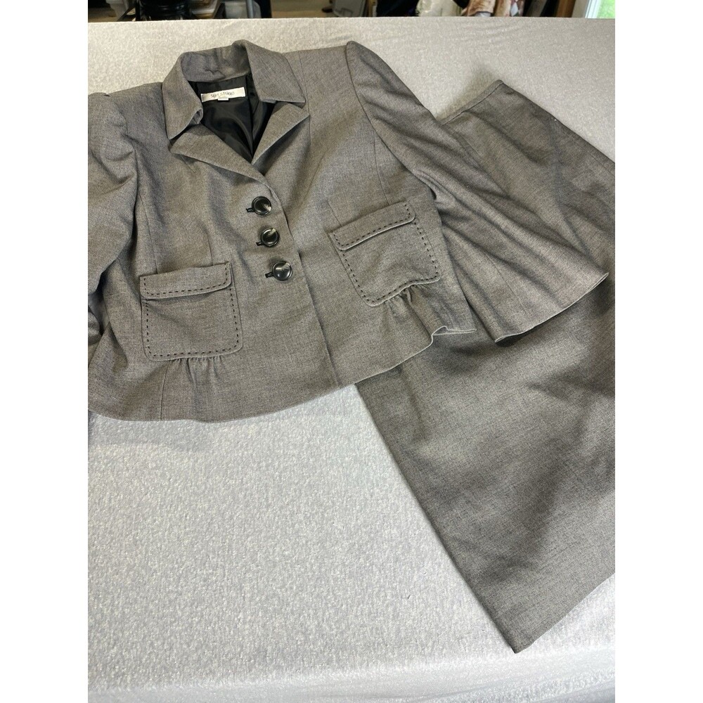 Suit Studio 2 Pc Ruffled Blazer Skirt Women’s 10 Shoulder Pads 90’s Gray Vintage
